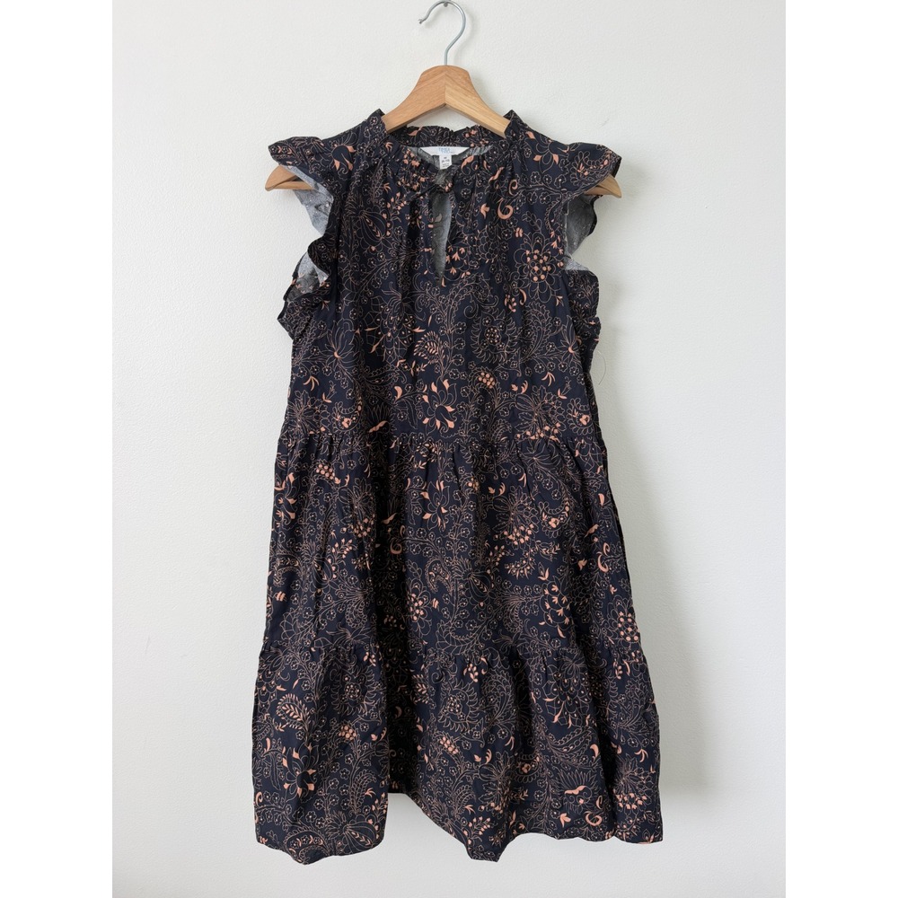 Time and Tru Flutter Sleeve Cotton Mini Dress Paisley Dark Navy Women's Medium - Picture 2 of 4